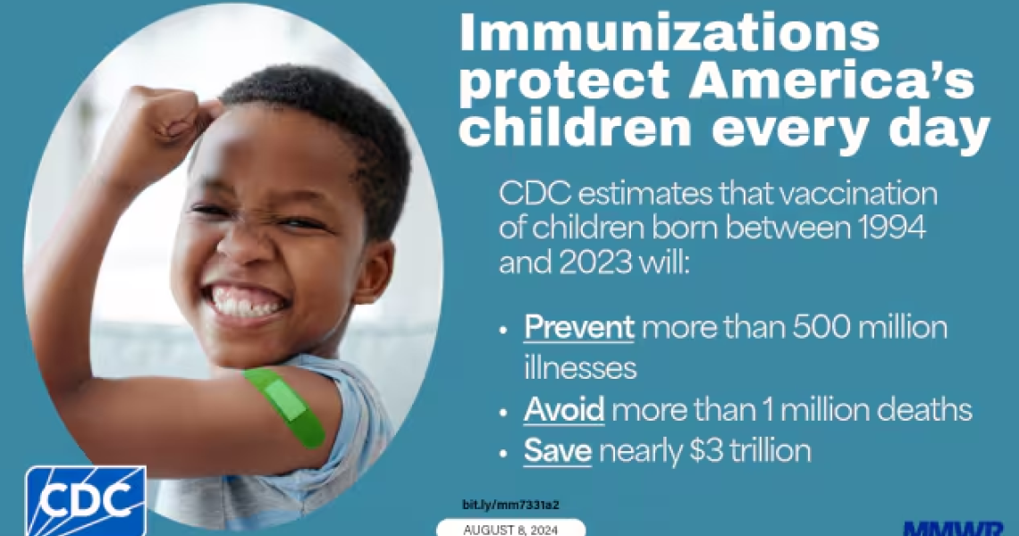 Young child smiling with his armed raised. There is a band-aid are the arm to indicate that he has received a vaccination.