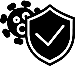 A black shield with a check mark in its center blocking a virus cell