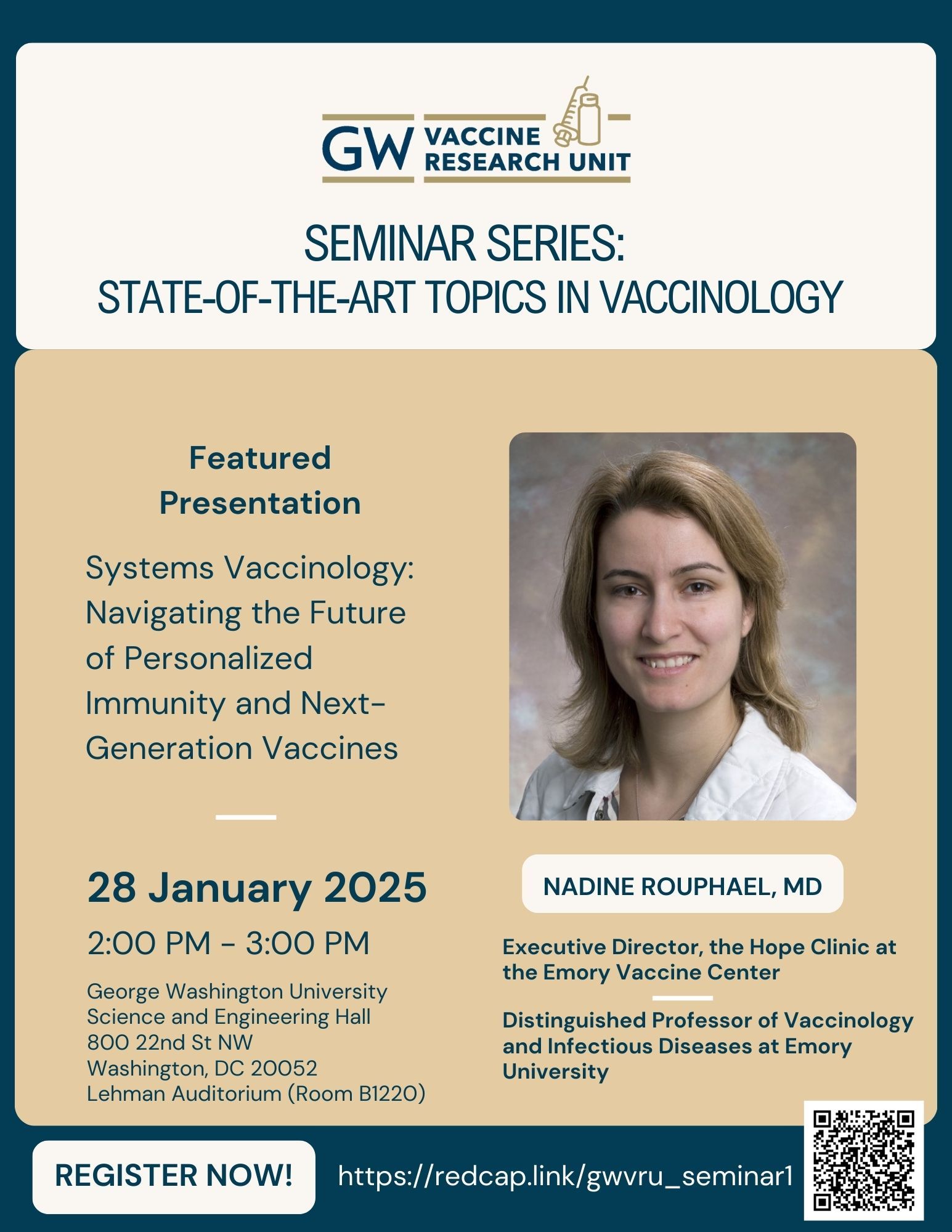 Flyer of Featured Presentation by Dr. Nadine Rouphael, Executive Director of the Hope Clinic at the Emory Vaccine Center